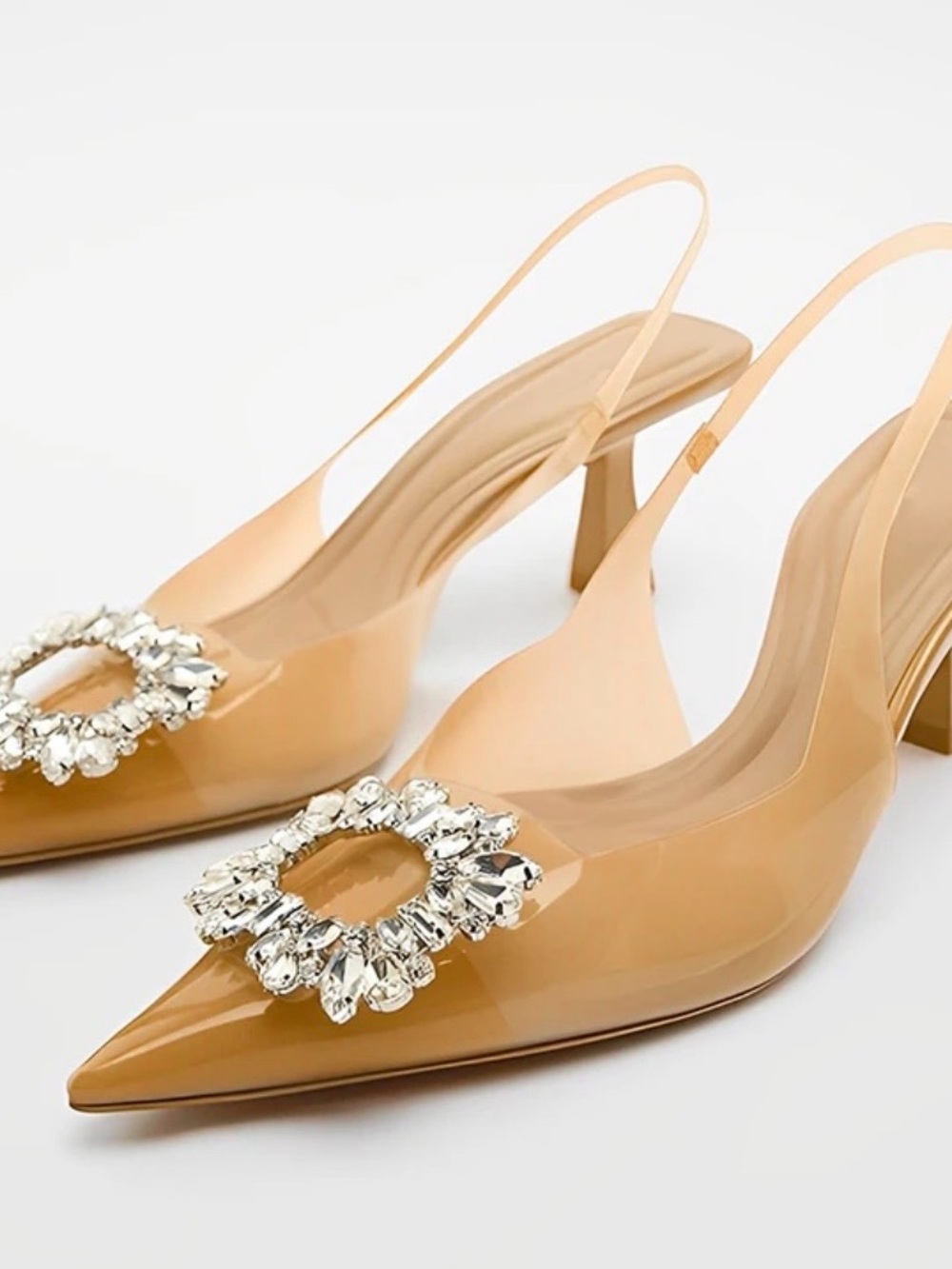 Zara Beige Patent Slingback Heels with Crystal Embellishment